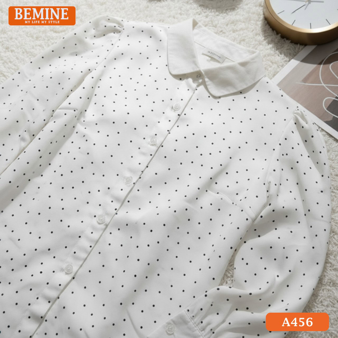 Áo sơ mi nữ BEMINE A456 chấm bi xanh navy sang trọng đi làm đi chơi