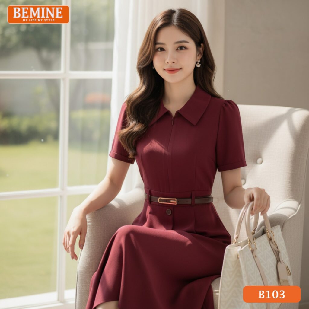 Đầm thiết kế BEMINE cổ đức khóa kéo trước B103 dáng chữ A phù hợp đi làm Người mẫu mặc đầm thiết kế BEMINE cổ đức khóa kéo trước B103, phong cách hiện đại và cá tính