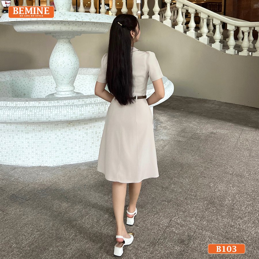 Chi tiết khóa kéo mạ vàng/bạc chạy dọc thân trước của chiếc đầm thiết kế BEMINE B103