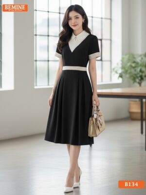Đầm thiết kế BEMINE cổ sơ mi dây kéo trước phối viền sọc dáng chữ A phù hợp đi làm-B134 hình ảnh