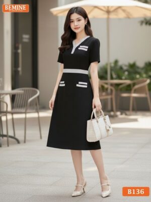 Đầm thiết kế BEMINE cổ chữ V viền sọc dáng chữ A phù hợp đi làm-B136 hình ảnh