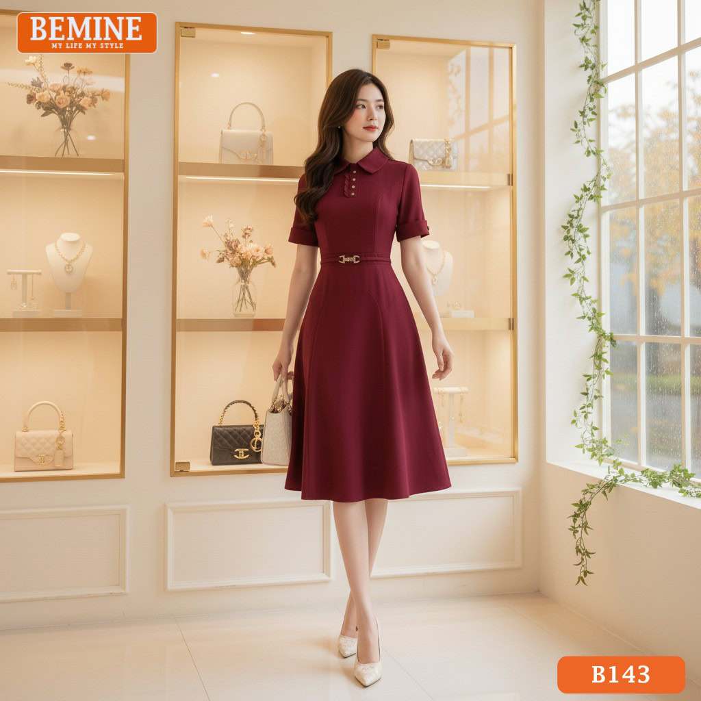 Góc chụp chi tiết đầm thiết kế BEMINE B143, tập trung vào sự kết hợp giữa cổ đức và đai eo thắt.