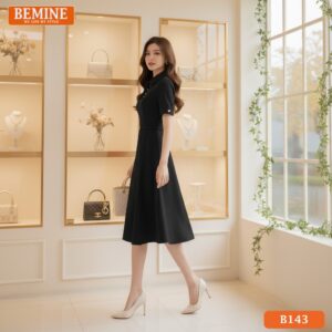 Đầm thiết kế BEMINE B143 dáng chữ A đi chơi, cổ đức, nhấn nhá bằng đai eo thắt nơ