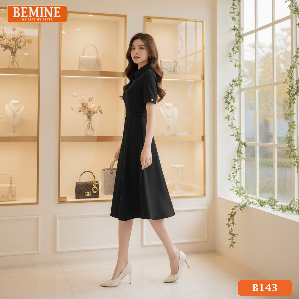 Đầm thiết kế BEMINE B143 dáng chữ A đi chơi, cổ đức, nhấn nhá bằng đai eo thắt nơ