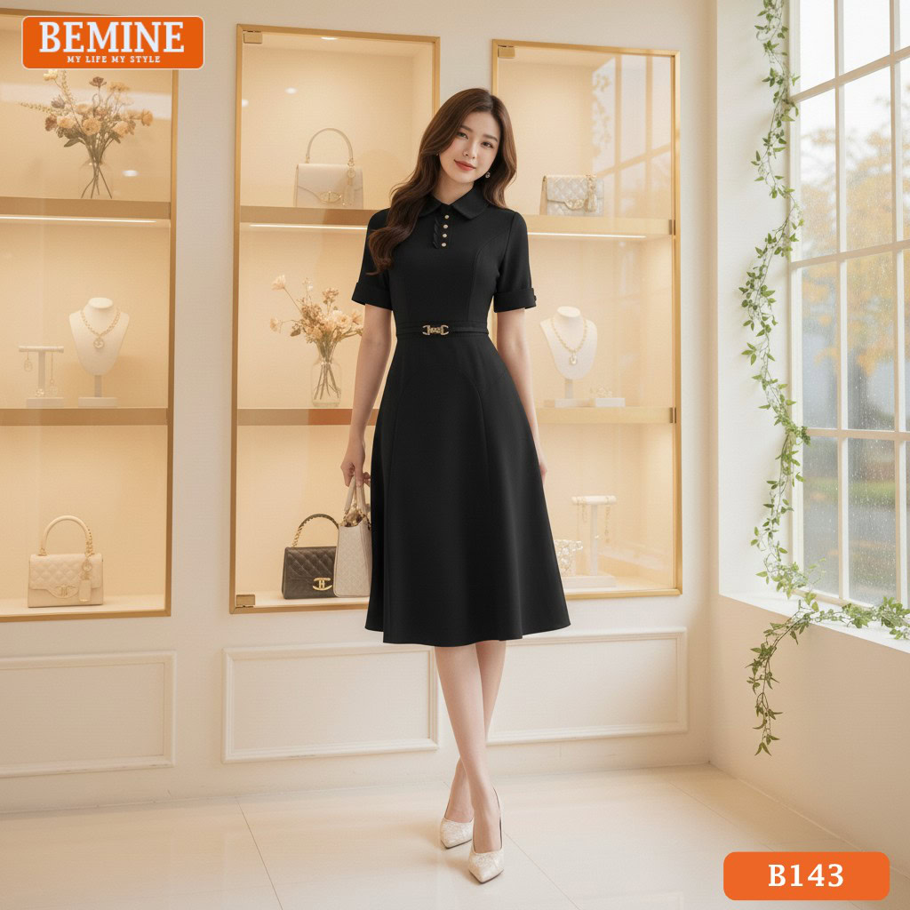 Ảnh cận cảnh chi tiết cổ đức và đai eo bản lớn trên đầm thiết kế BEMINE B143