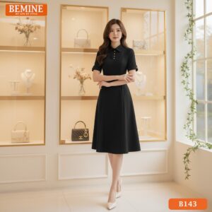 Ảnh cận cảnh chi tiết cổ đức và đai eo bản lớn trên đầm thiết kế BEMINE B143