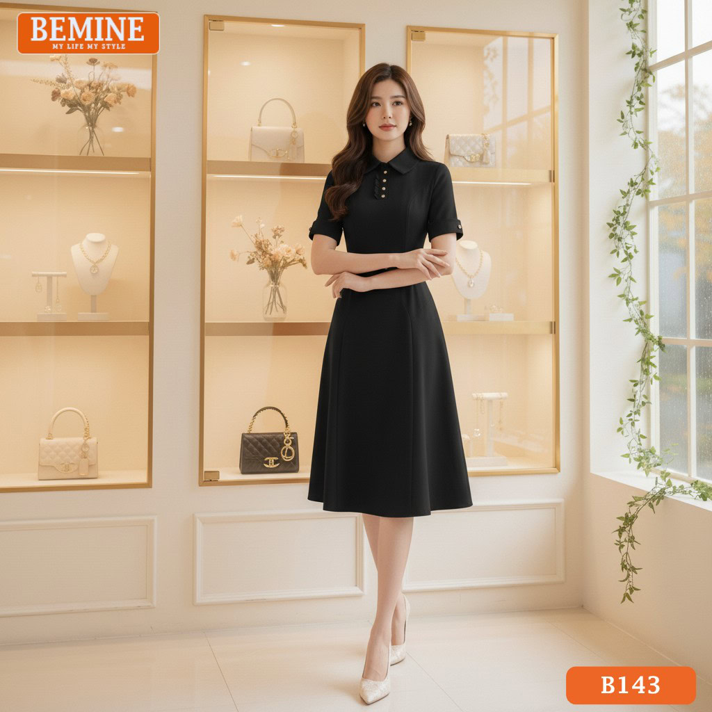 Ảnh cận cảnh chi tiết cổ đức và đai eo bản lớn trên đầm thiết kế BEMINE B143