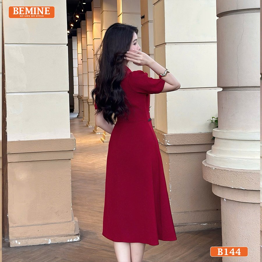 Đầm thiết kế BEMINE Xếp Ly Đi Tiệc Cổ Sen Đính Đá B144 màu đỏ quyến rũ.