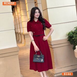 Đầm BEMINE B144 xếp ly đi tiệc, cổ sen, đính đá, dáng xòe thướt tha.