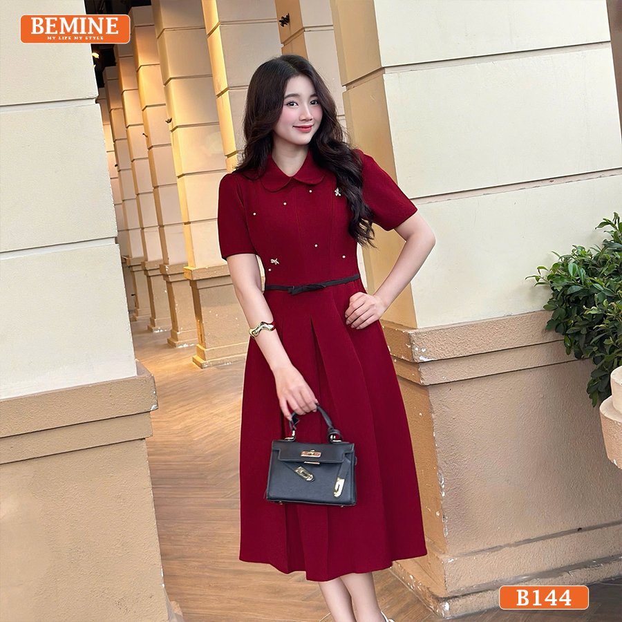 Đầm BEMINE B144 xếp ly đi tiệc, cổ sen, đính đá, dáng xòe thướt tha.