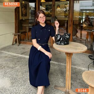 Đầm thiết kế BEMINE Xếp Ly Đi Tiệc Cổ Sen Đính Đá B144 màu hồng san hô.