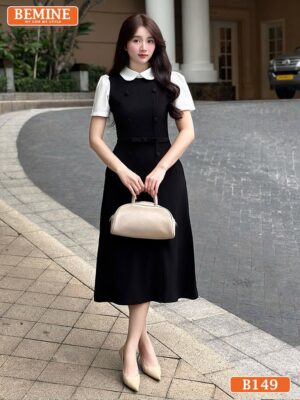 Đầm thiết kế BEMINE cổ sen phối tay ngắn đính cúc dáng chữ A phù hợp đi làm-B149 hình ảnh
