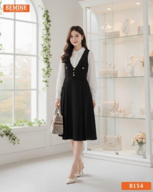 Đầm thiết kế BEMINE cổ sơ mi tay dài phối tơ dáng chữ A phù hợp đi làm-B154 hình ảnh