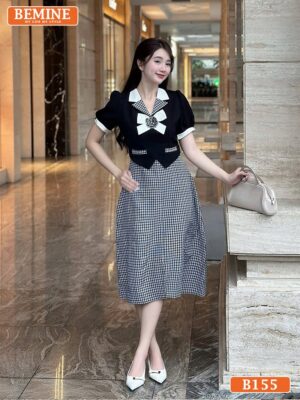 Đầm thiết kế BEMINE cổ vest phối caro dáng chữ A phù hợp đi làm-B155 hình ảnh