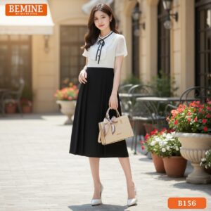 Đầm BEMINE cổ tròn viền bèo dáng A B156 vàng kem duyên dáng dự liên hoan cuối năm