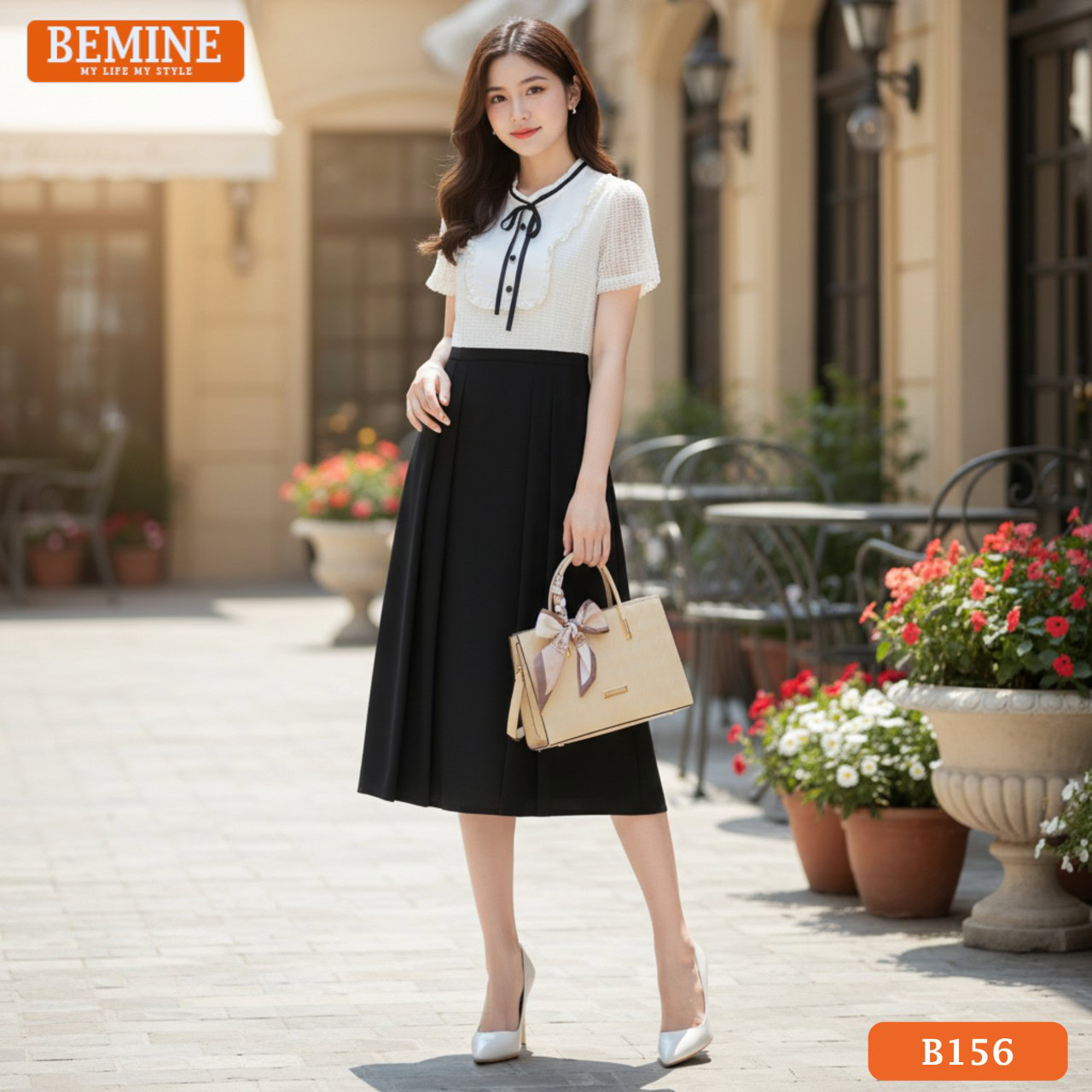 Đầm BEMINE cổ tròn viền bèo dáng A B156 vàng kem duyên dáng dự liên hoan cuối năm