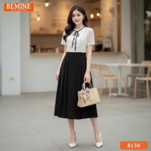 Đầm BEMINE cổ tròn viền bèo dáng A B156 đen basic sang trọng dễ phối