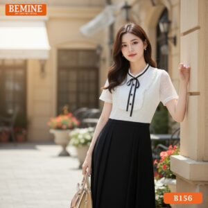 Đầm BEMINE B156 cổ tròn viền bèo dáng A hồng phấn xinh xắn dự tiệc