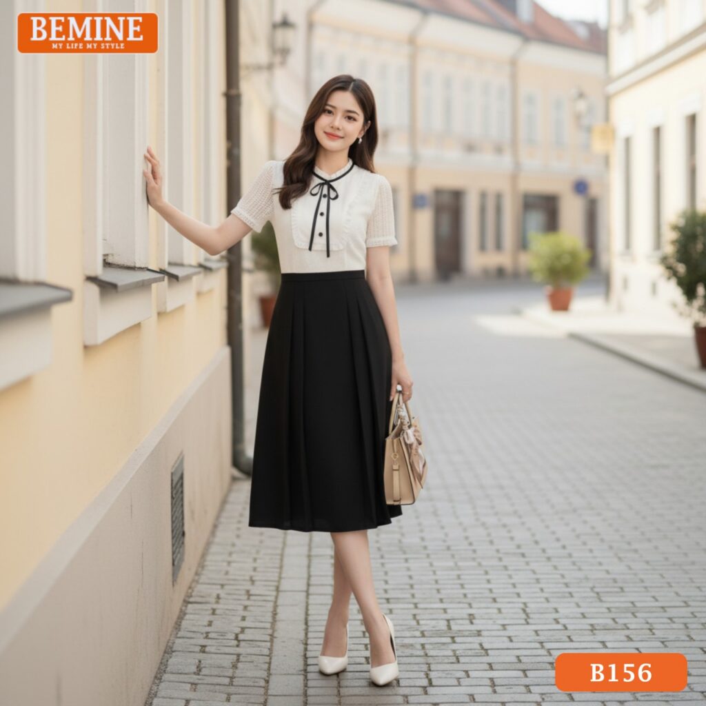 Đầm BEMINE B156 cổ tròn viền bèo dáng A be nhạt thanh lịch đi làm đi chơi
