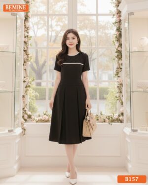 Đầm thiết kế BEMINE B157 cổ tròn vai đính nơ – Dáng chữ A thanh lịch đi làm