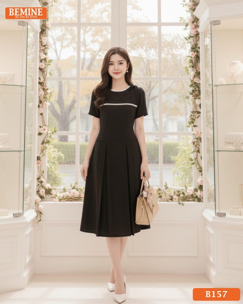 Đầm thiết kế BEMINE cổ tròn vai đính nơ B157 dáng chữ A phù hợp đi làm Đầm thiết kế BEMINE B157 cổ tròn vai đính nơ – Dáng chữ A thanh lịch đi làm