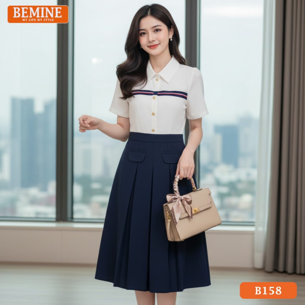 Top 5+ Cách Phối Đồ Đẹp, Sang Trọng, Trẻ Trung Cho Nữ Đầm thiết kế BEMINE cổ sơ mi phối viền dáng chữ A tùng xếp ly phù hợp đi làm-B158