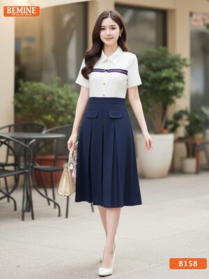 Đầm chữ A BEMINE B158 cổ sơ mi, chất liệu đứng form, lý tưởng cho môi trường văn phòng.