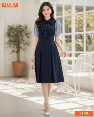 Đầm thiết kế BEMINE cổ trụ phối nơ dáng chữ A phù hợp đi làm-B159 hình ảnh