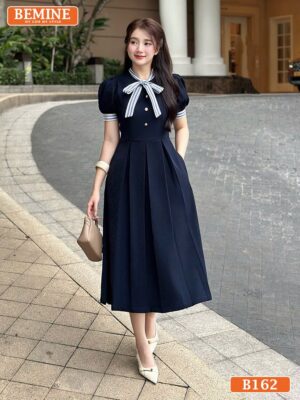 Đầm BEMINE cổ trụ phối sọc nơ B162 dáng A tím lavender xinh xắn đi liên hoan