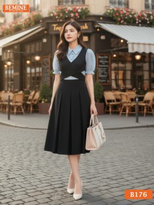 Đầm thiết kế BEMINE cổ sơ mi phối tơ vạt chéo dáng chữ A phù hợp đi làm-B176 hình ảnh