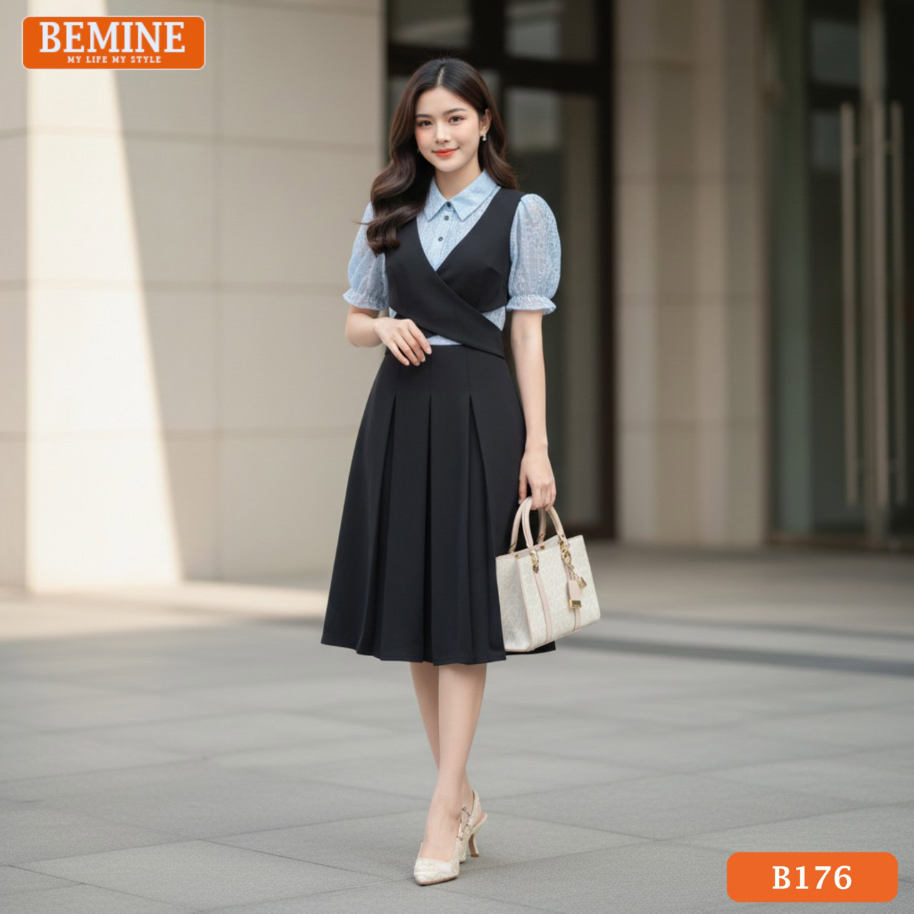 Ảnh cận cảnh chi tiết vạt chéo và đường may tinh tế trên đầm thiết kế BEMINE B176.