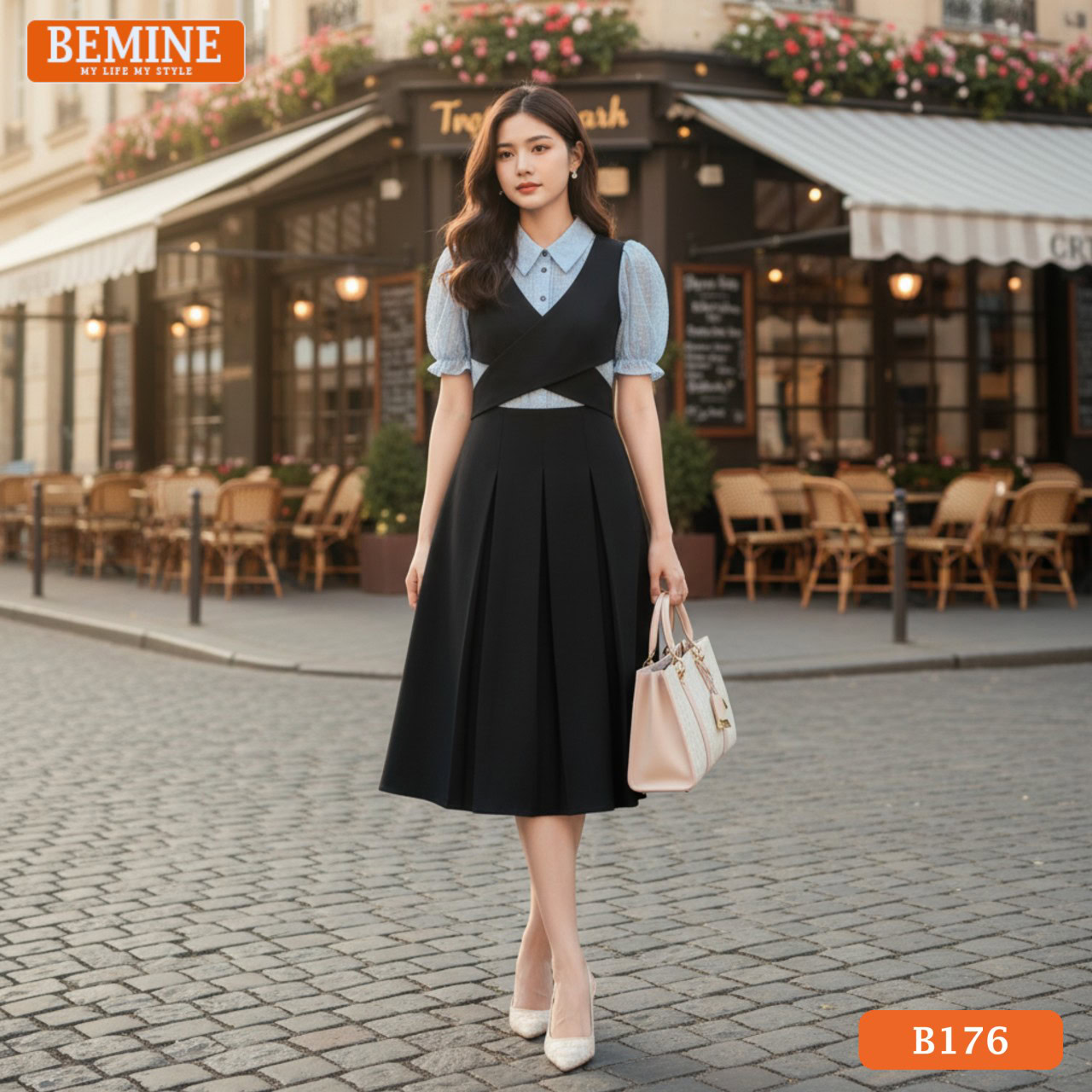 Đầm thiết kế BEMINE B176 dáng chữ A, vạt chéo, màu xanh navy, phù hợp cho trang phục công sở.