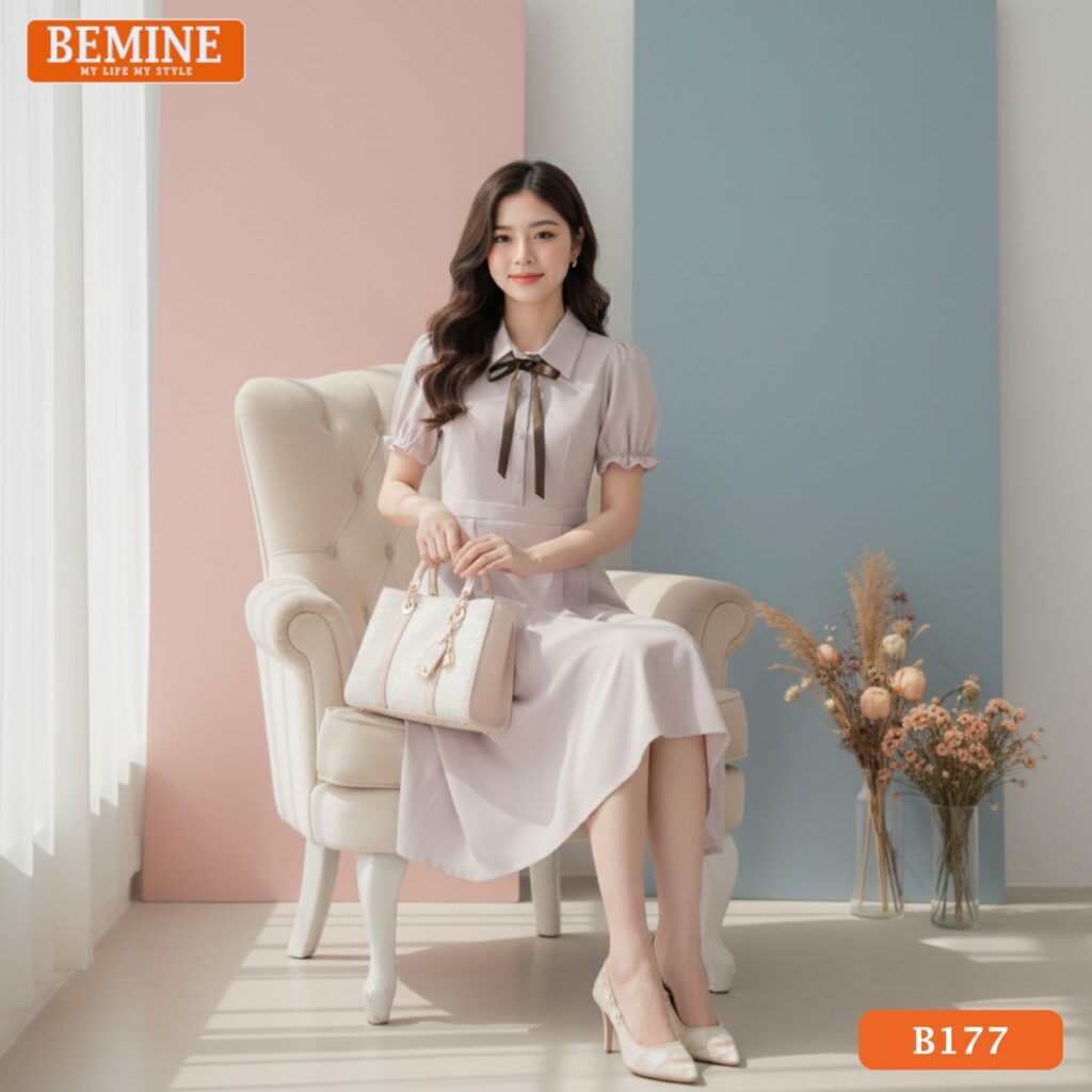 Góc chụp chi tiết đầm thiết kế BEMINE B177, tập trung vào sự kết hợp giữa cổ sơ mi và đai nơ.