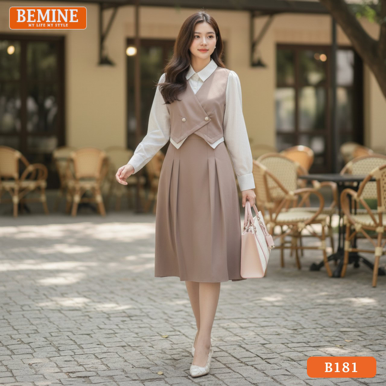 Đầm thiết kế BEMINE Dáng Chữ A Công Sở Cổ Sơ Mi B181 Đầm công sở BEMINE B174, cổ tròn, có Peplum tạo điểm nhấn vòng eo thon gọn, dáng chữ A.