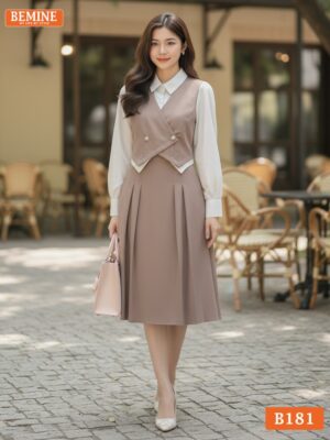 Đầm thiết kế BEMINE cổ sơ mi giả khoác tay dài dáng chữ A phù hợp đi làm-B181 hình ảnh