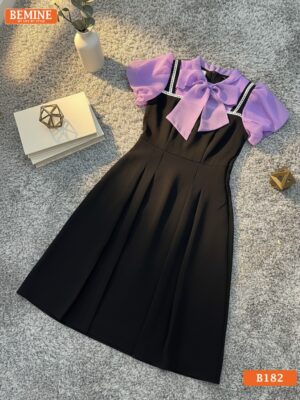 Đầm thiết kế BEMINE cổ trụ phối nơ giả yếm dáng chữ A phù hợp đi làm-B182 hình ảnh