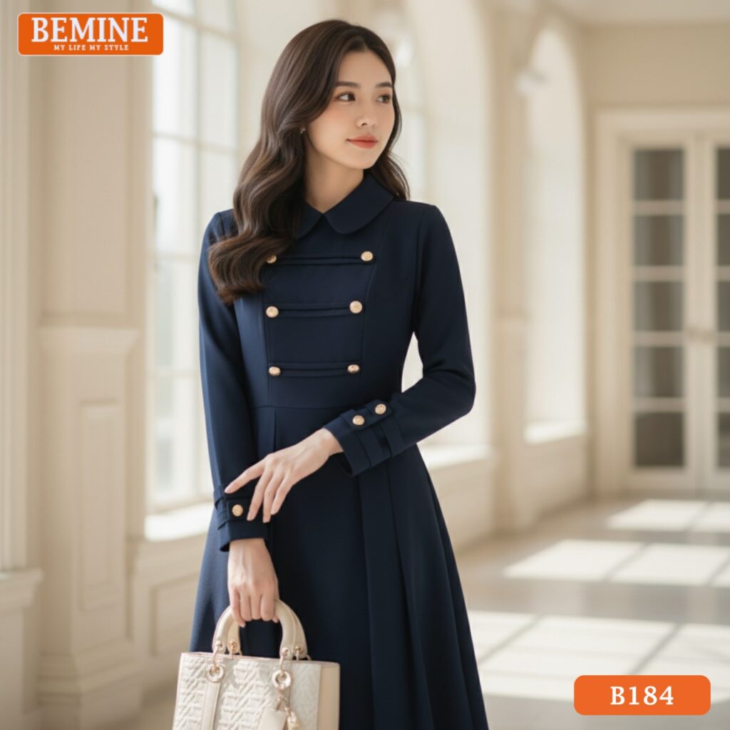 Đầm cổ sen tay dài BEMINE B184 dáng chữ A tôn dáng dự tiệc