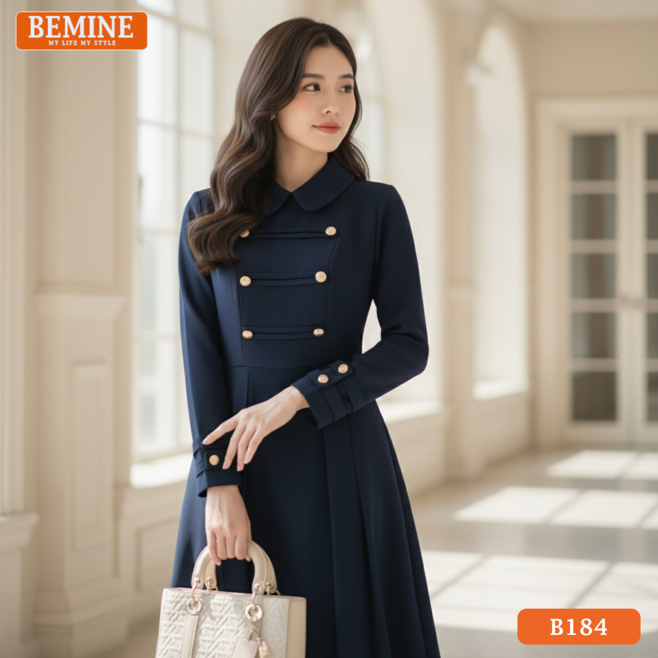 Đầm cổ sen tay dài BEMINE B184 dáng chữ A tôn dáng dự tiệc