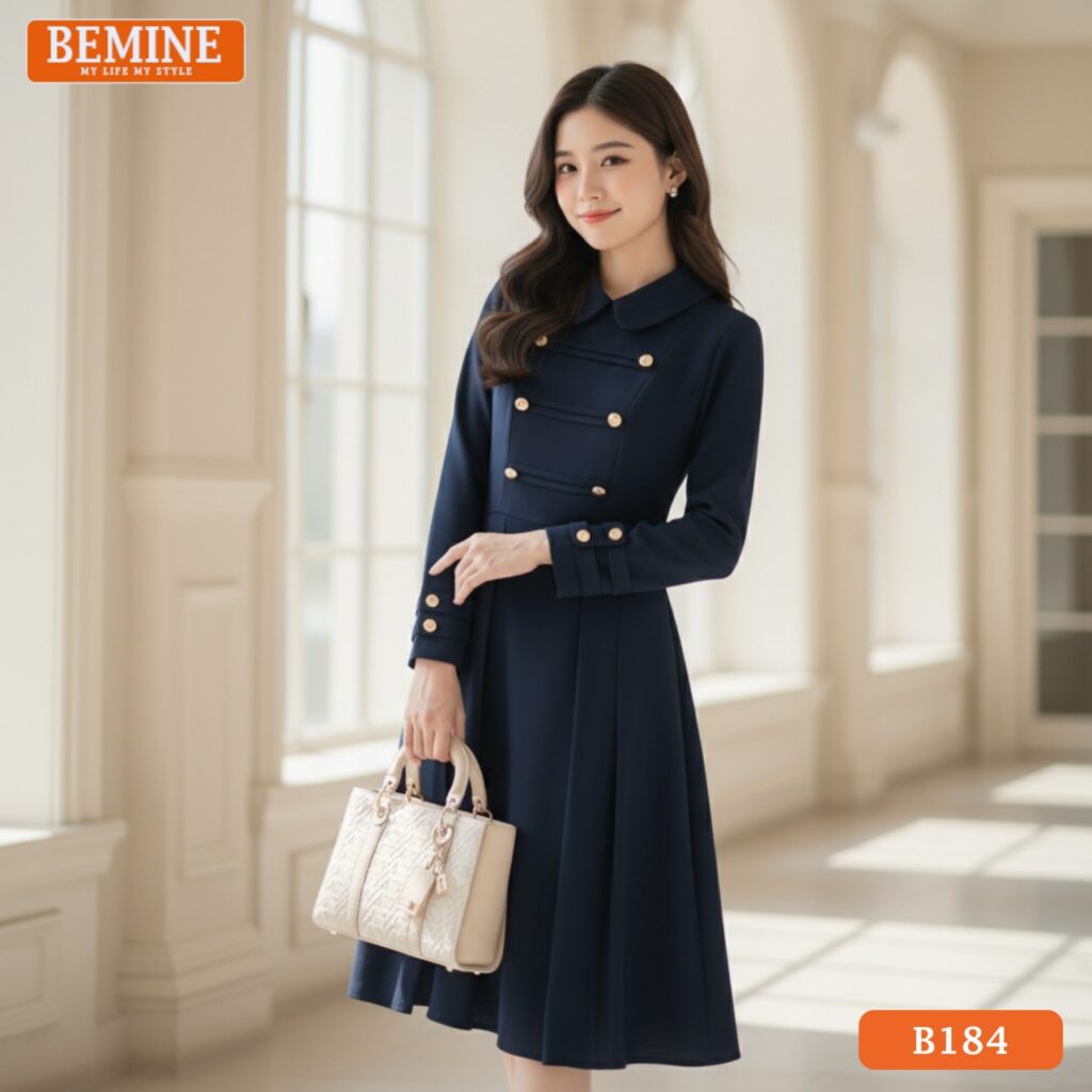 Đầm cổ sen đính cúc BEMINE B184 dáng chữ A thanh lịch cực hot