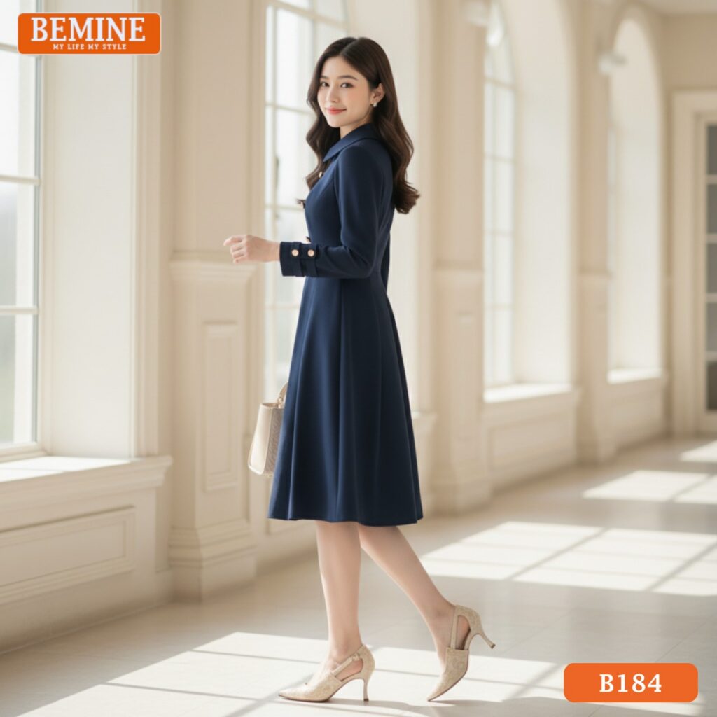 Đầm cổ sen đính cúc BEMINE B184 dáng chữ A thanh lịch cực hot