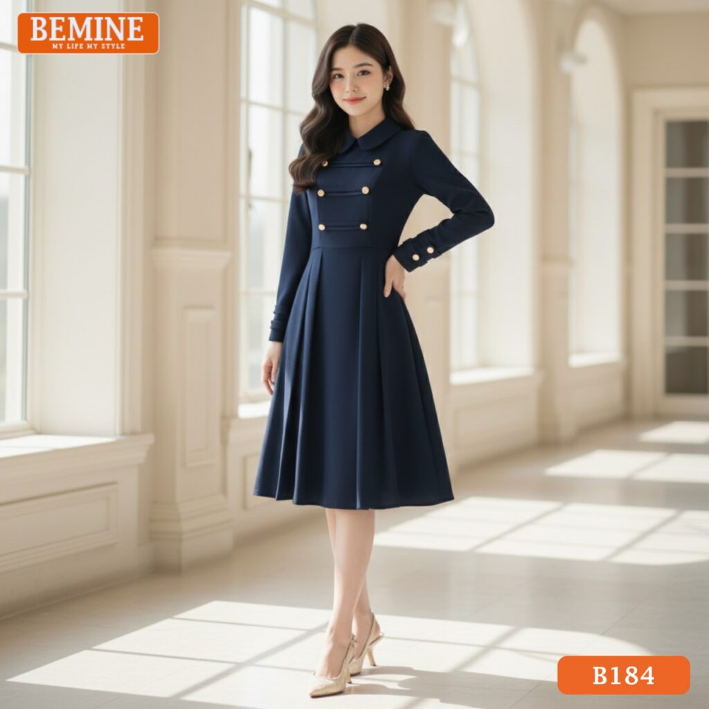 Váy thiết kế BEMINE đầm cổ sen đính cúc trắng tinh khôi B184