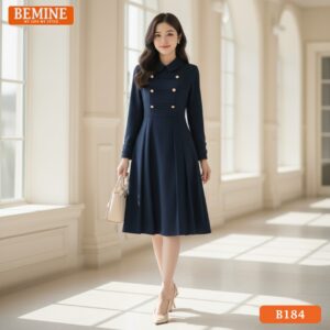 Đầm cổ sen đính cúc tay dài BEMINE B184 xanh pastel dịu dàng