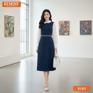 Đầm thiết kế BEMINE B185 cổ sen tay dài đen basic dễ phối đồ công sở