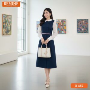 Đầm công sở dáng A B185 cổ sen tay dài hồng phấn dịu dàng đi làm đi tiệc