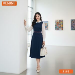 Váy thiết kế BEMINE B185 cổ sen tay dài dáng A be nhạt tôn dáng đẹp