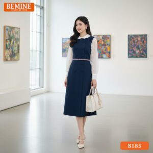 Đầm công sở B185 dáng chữ A cổ sen tay dài xanh ngọc cực sang chảnh