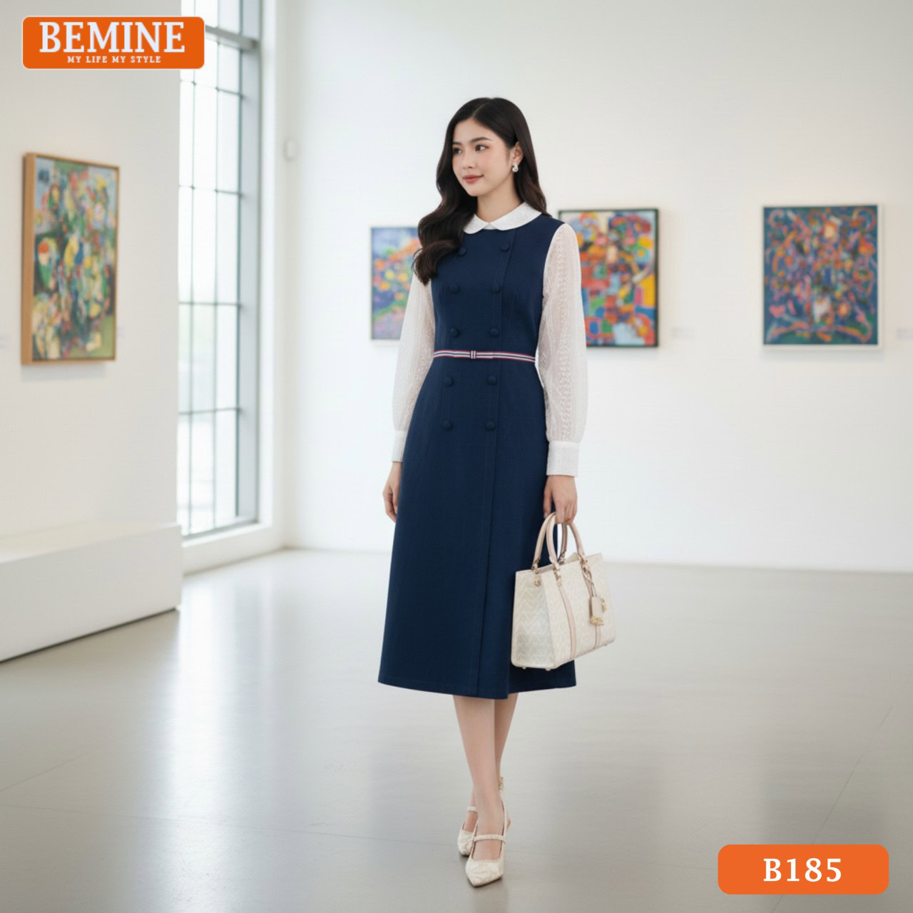 Đầm công sở B185 dáng chữ A cổ sen tay dài xanh ngọc cực sang chảnh