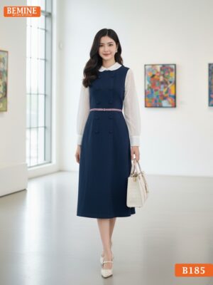 Đầm công sở B185 dáng A cổ sen tay dài tím lavender trẻ trung nổi bật