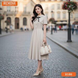 Đầm thiết kế cao cấp BEMINE B181 cổ sơ mi be nhạt cực tôn dáng