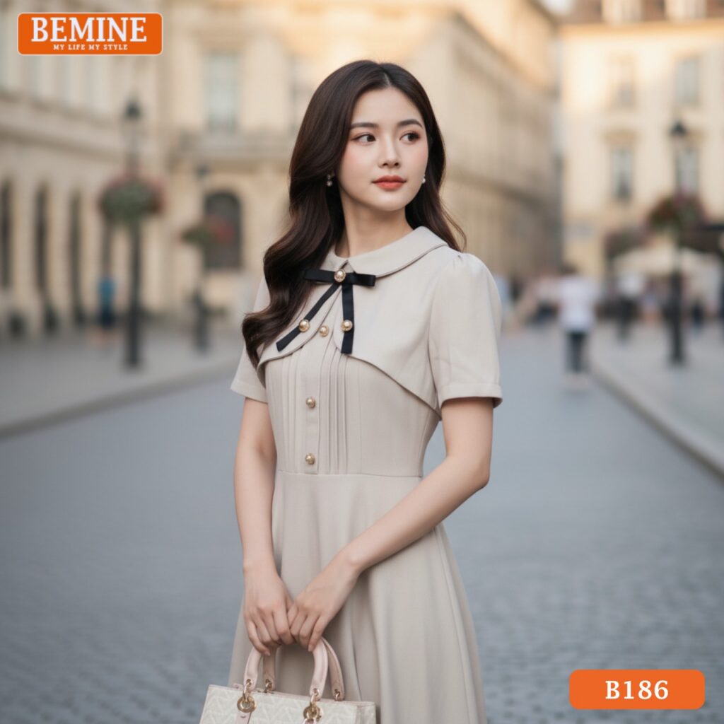Đầm thiết kế BEMINE cổ sơ mi B181 trắng tinh khôi thanh lịch dự tiệc